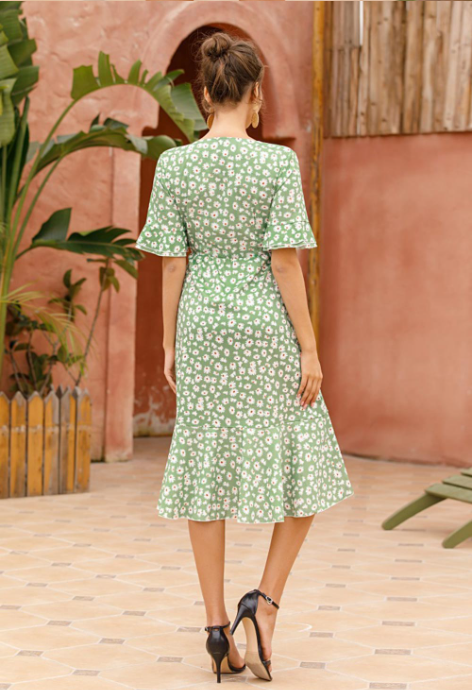 Floral Print V-Neck Flutter Sleeve Wrap Midi Dress 9