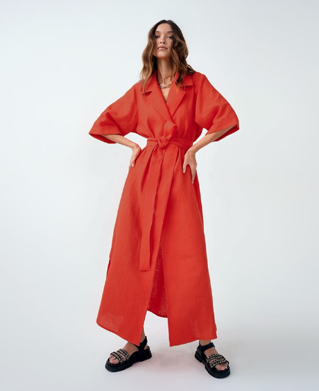 Linen-Look Collared Belted Wrap Maxi Dress