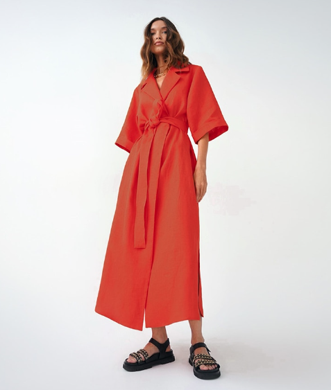Linen Collared Short-Sleeve Belted Wrap Maxi Dress 2