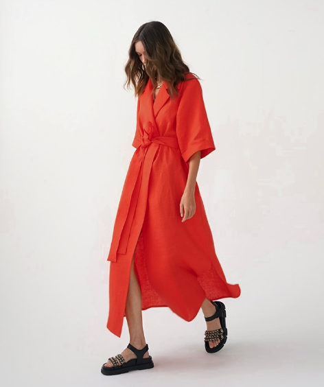 Linen Collared Short-Sleeve Belted Wrap Maxi Dress 3