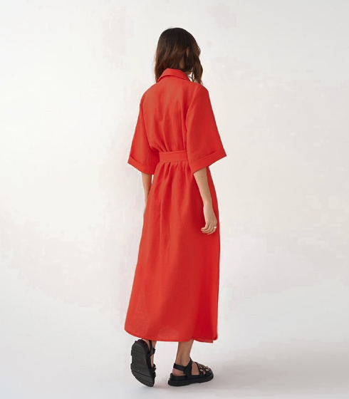 Linen Collared Short-Sleeve Belted Wrap Maxi Dress 4