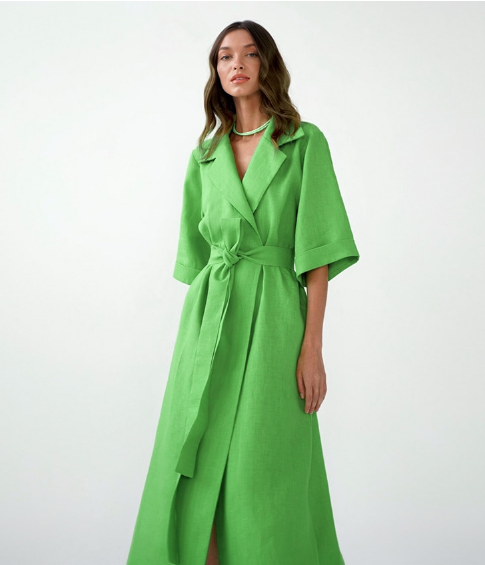 Linen-Look Collared Belted Wrap Maxi Dress 5