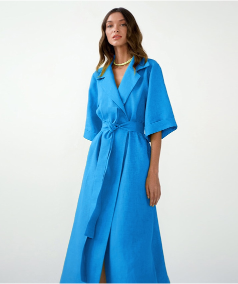 Linen Collared Short-Sleeve Belted Wrap Maxi Dress 6