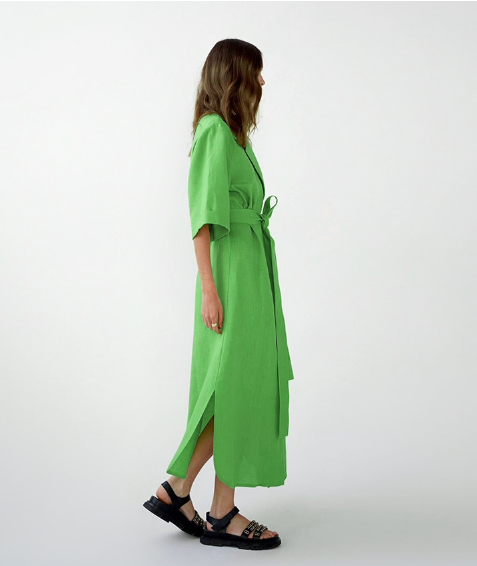 Linen Collared Short-Sleeve Belted Wrap Maxi Dress 9