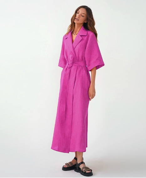 Linen-Look Collared Belted Wrap Maxi Dress 11