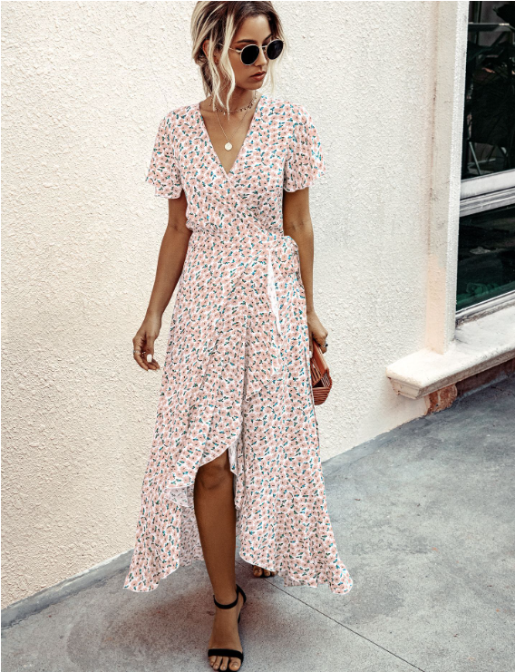 Ditsy Floral V-Neck Flutter Sleeve High-Low Maxi Dress 4
