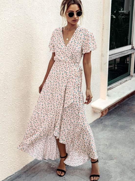 Ditsy Floral V-Neck Flutter Sleeve High-Low Maxi Dress 7
