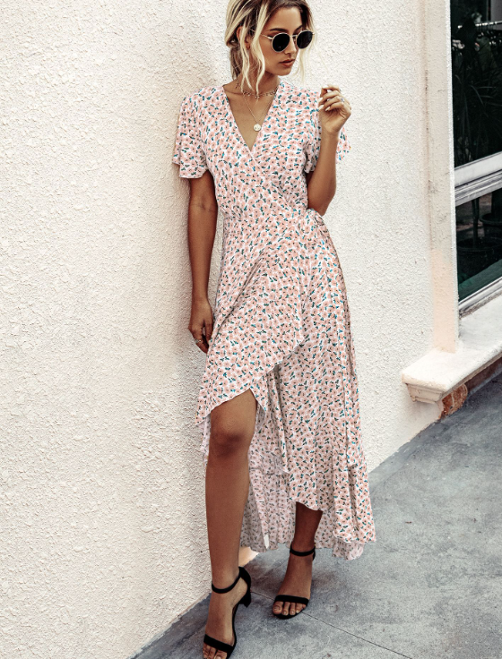 Ditsy Floral V-Neck Flutter Sleeve High-Low Maxi Dress 5