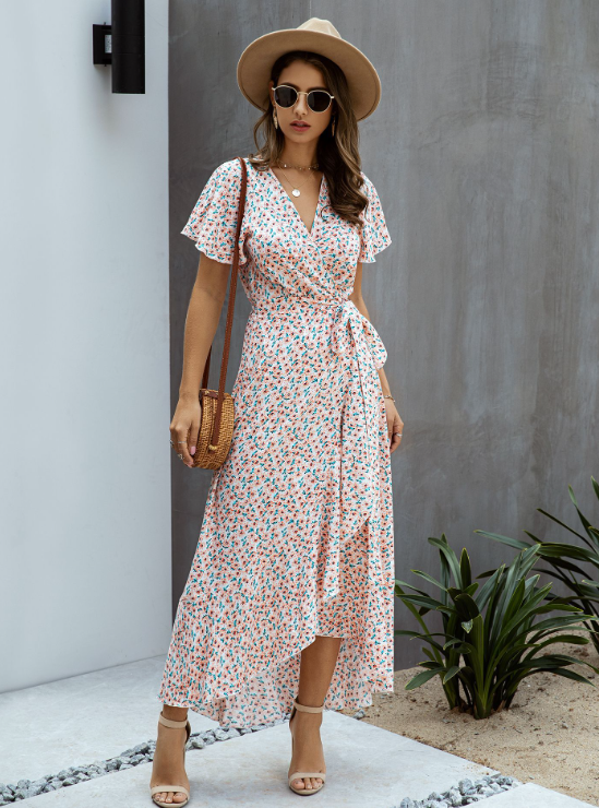 Ditsy Floral V-Neck Flutter Sleeve High-Low Maxi Dress