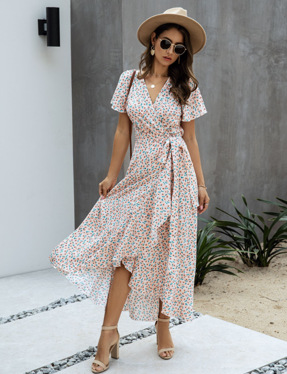 Ditsy Floral V-Neck Flutter Sleeve High-Low Maxi Dress 2