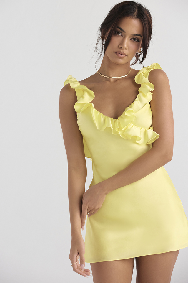 Yellow Silk Satin Ruffle Mini Dress - View 2