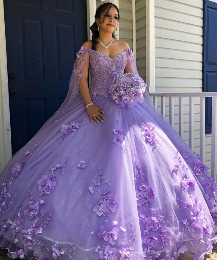 Handmade Flower Princess Ball Gown Quinceańera Dress With Cape Off The Shoulder Lace Vestido De 15 Anos Sweet 16 Dress - Fashionpara