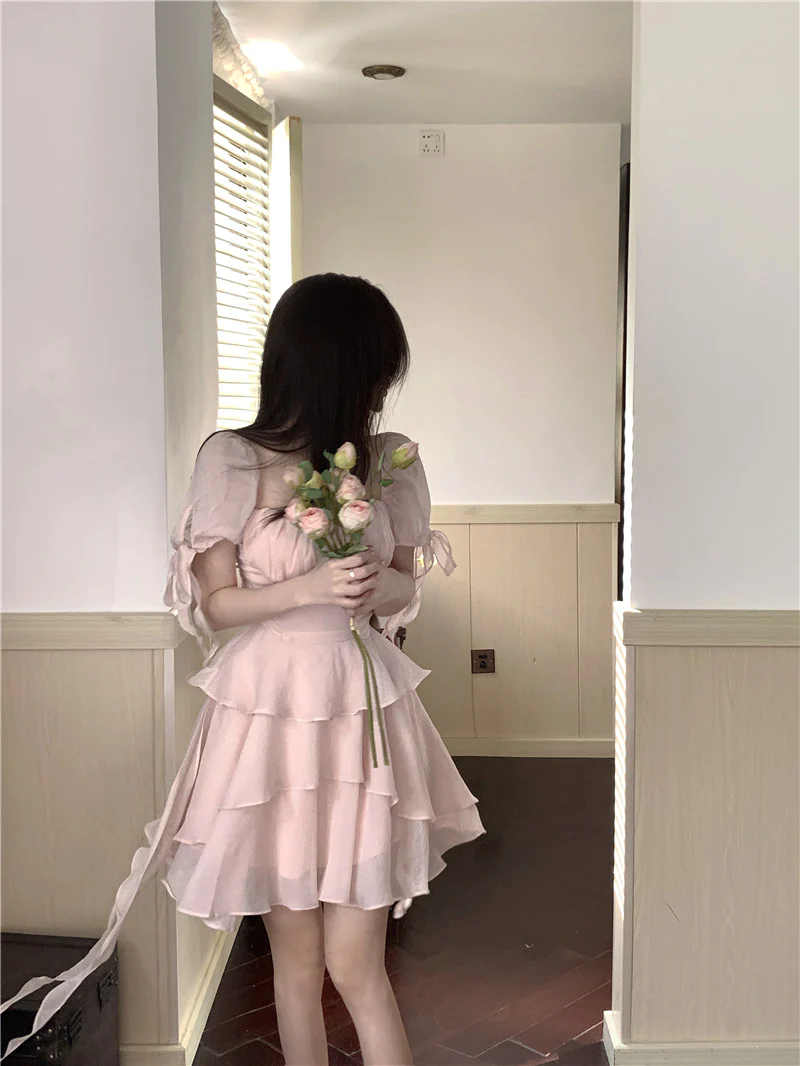 Ruffled Puff Sleeve Dress Solid Square Collar Women's Summer Dress , Homecoming Party Dress - Fashionpara