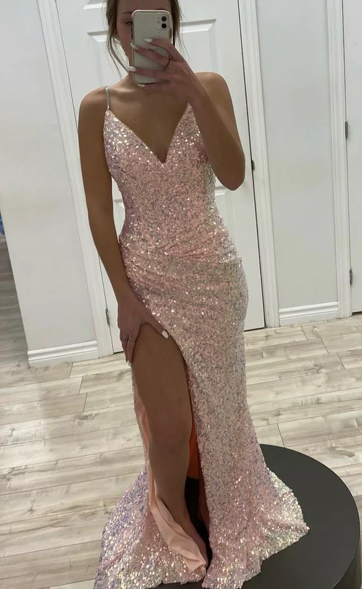 Pink sequins long prom dress mermaid evening dress - Fashionpara