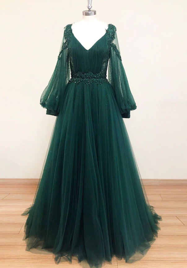 GREEN V NECK LACE A LINE LONG PROM DRESS, GREEN TULLE EVENING DRESS - Fashionpara