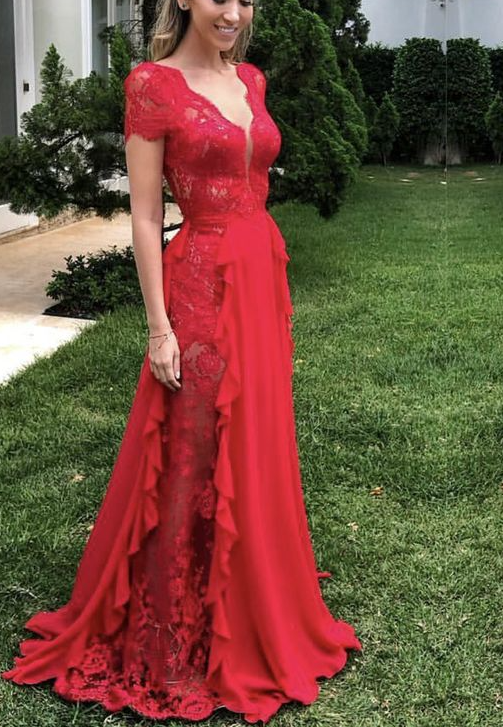 Charming A Line Long Wedding Guest Dress Red Prom Gowns