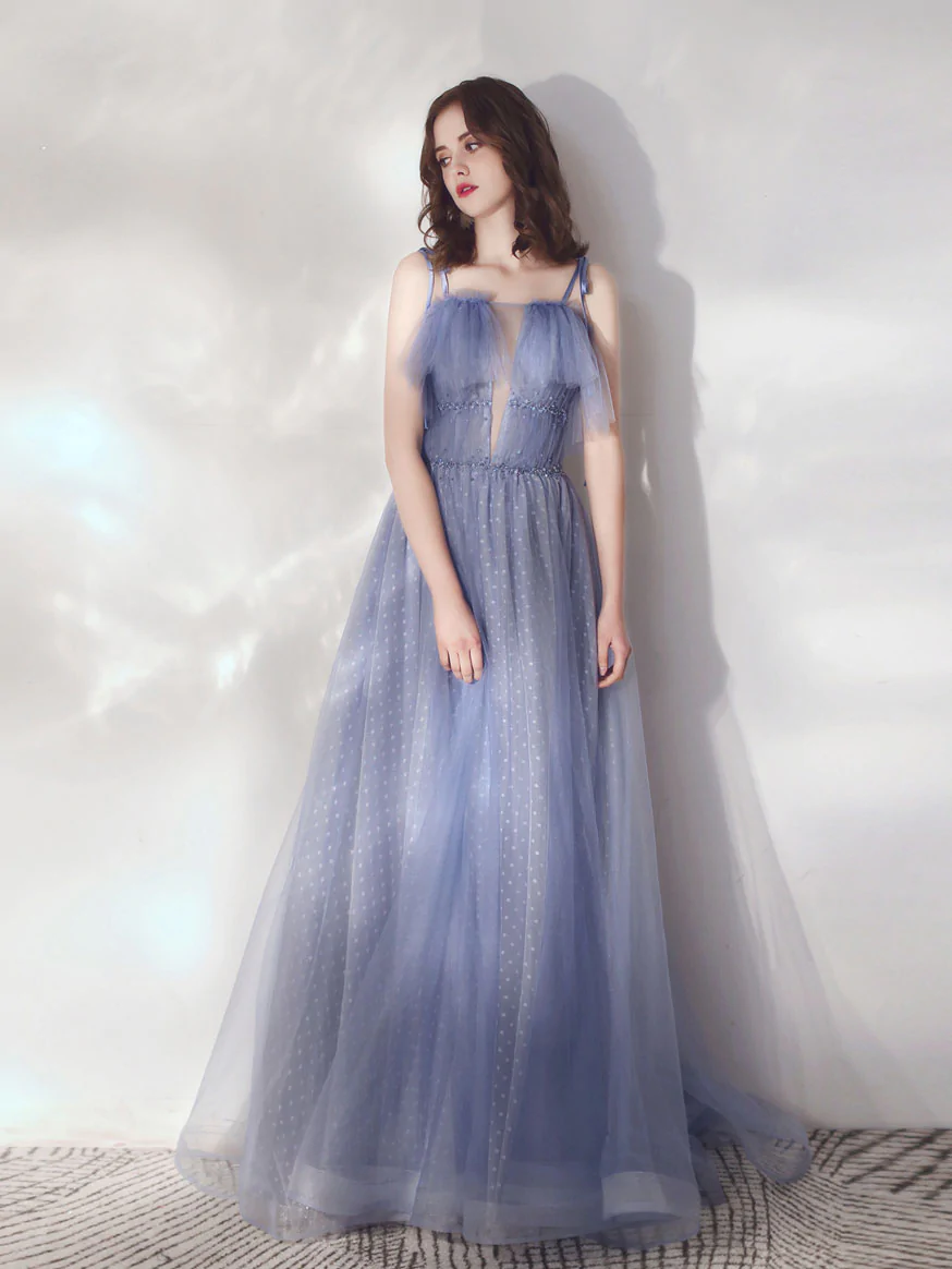 Blue A-Line Tulle Long Prom Dresses, Blue Formal Graduation Dresses - Fashionpara