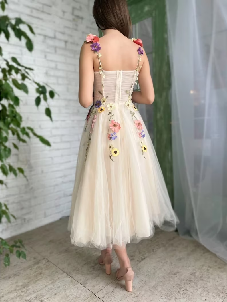 Light Champagne Ankle-Length Evening Gowns Colorful Pattern Appliques Formal Party Dresses 3D Flowers Straps Prom Dress - Fashionpara