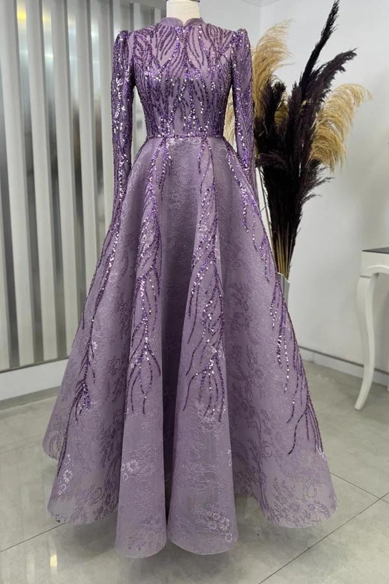 Embroidered Wedding Dress, Muslim Evening Gown Prom Dress