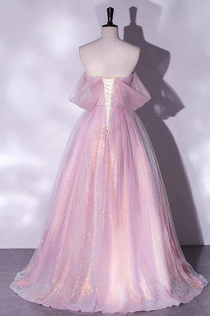 Pink Tulle Sequins Long Prom Dress, A-Line Formal Graduation Dress - Fashionpara