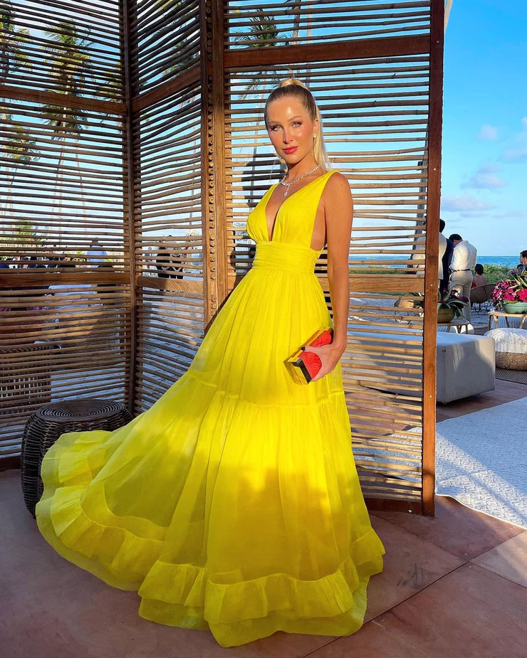 Charming A Line V Neck Yellow Chiffon Long Party Dresses, Wedding Guest Dresses