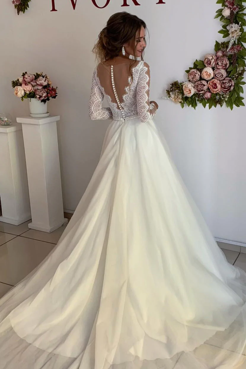 Princess Long Sleeves A-line Ivory Wedding Dress with Lace