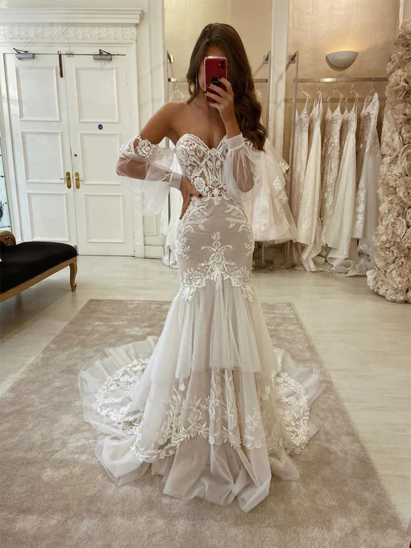 Charming Mermaid Lace Vintage Fashion Modest Wedding Dresses