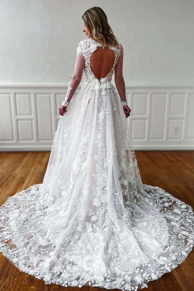 PLUNGING V-NECK SHEER LONG SLEEVES LACE WEDDING DRESS