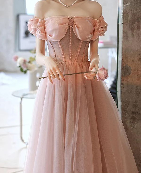 Handmade Retro Princess Off Shoulder Pink Prom Evening Dress - Fashionpara