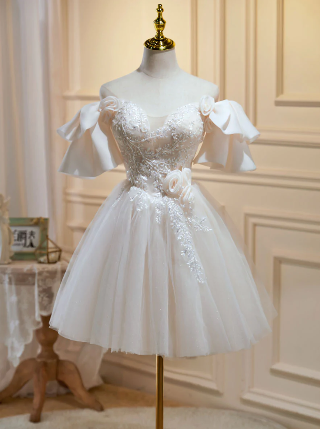 Short Beige Prom Dresses, Beige Tulle Lace Homecoming Dresses - Fashionpara