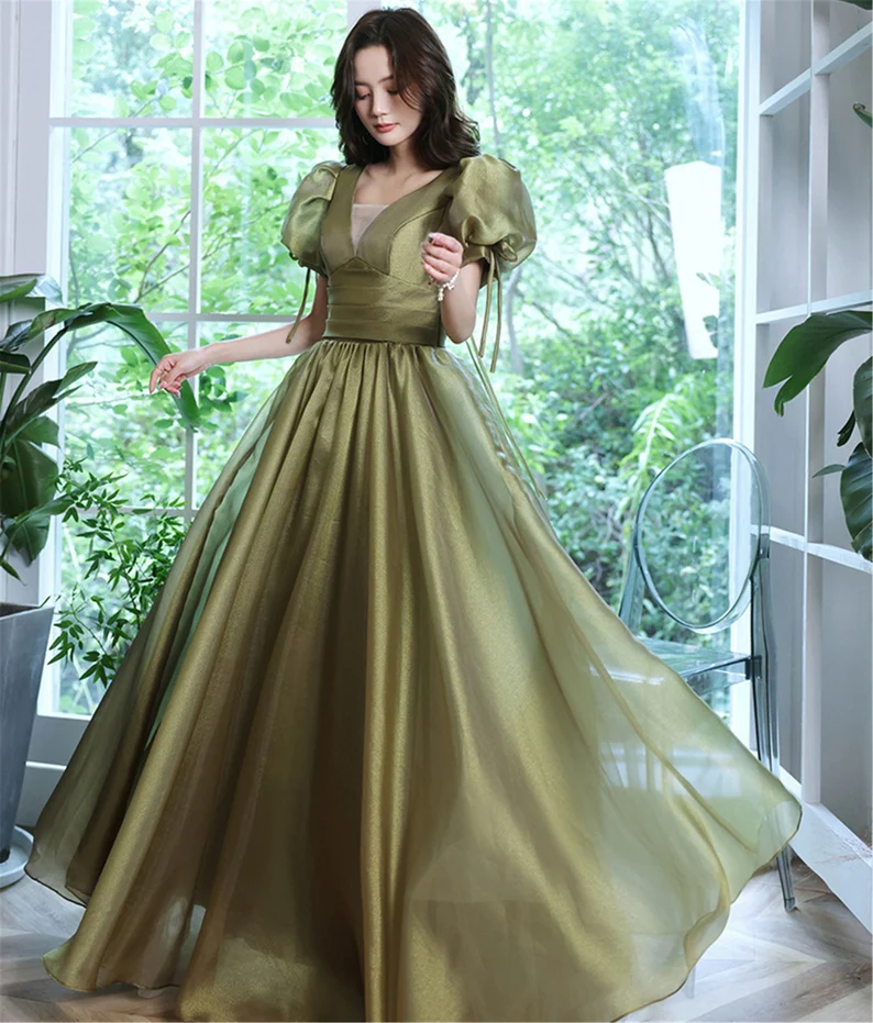 Green Evening Dress, Wedding Guest Dress, Puff Sleeve Dress, Fairy Dress, Cottagecore Dress, French Vintage Dress