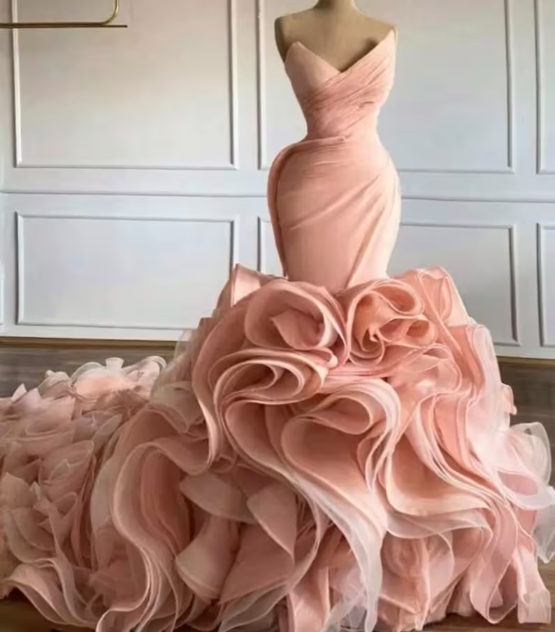 Ruffle rose mermaid wedding dress, bridal gown