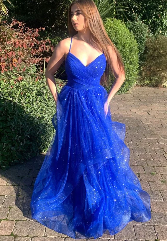 Blue tulle long prom dress A line evening gown - Fashionpara