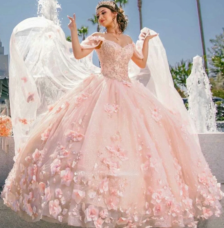 Handmade Flower Princess Ball Gown Quinceańera Dress With Cape Off The Shoulder Lace Vestido De 15 Anos Sweet 16 Dress - Fashionpara