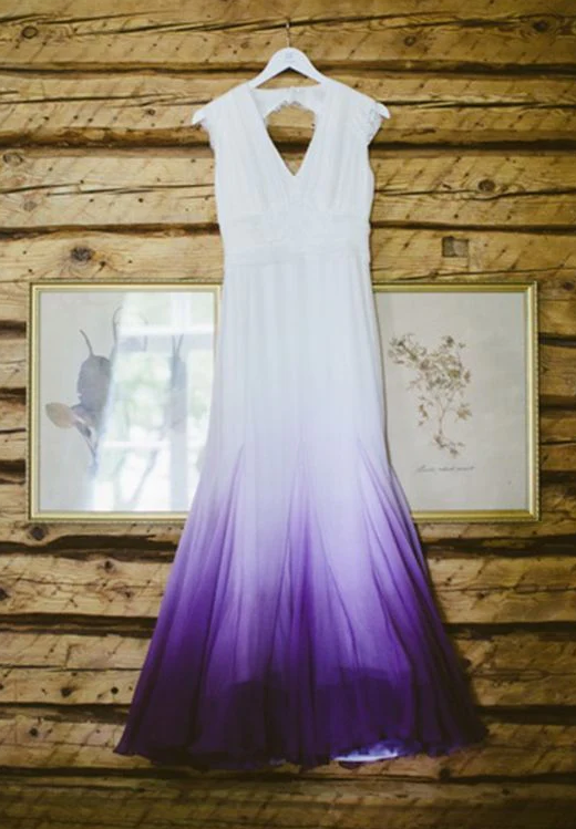 V neck Ombre Formal Prom Dress, A Line Wedding Dress Party Gown