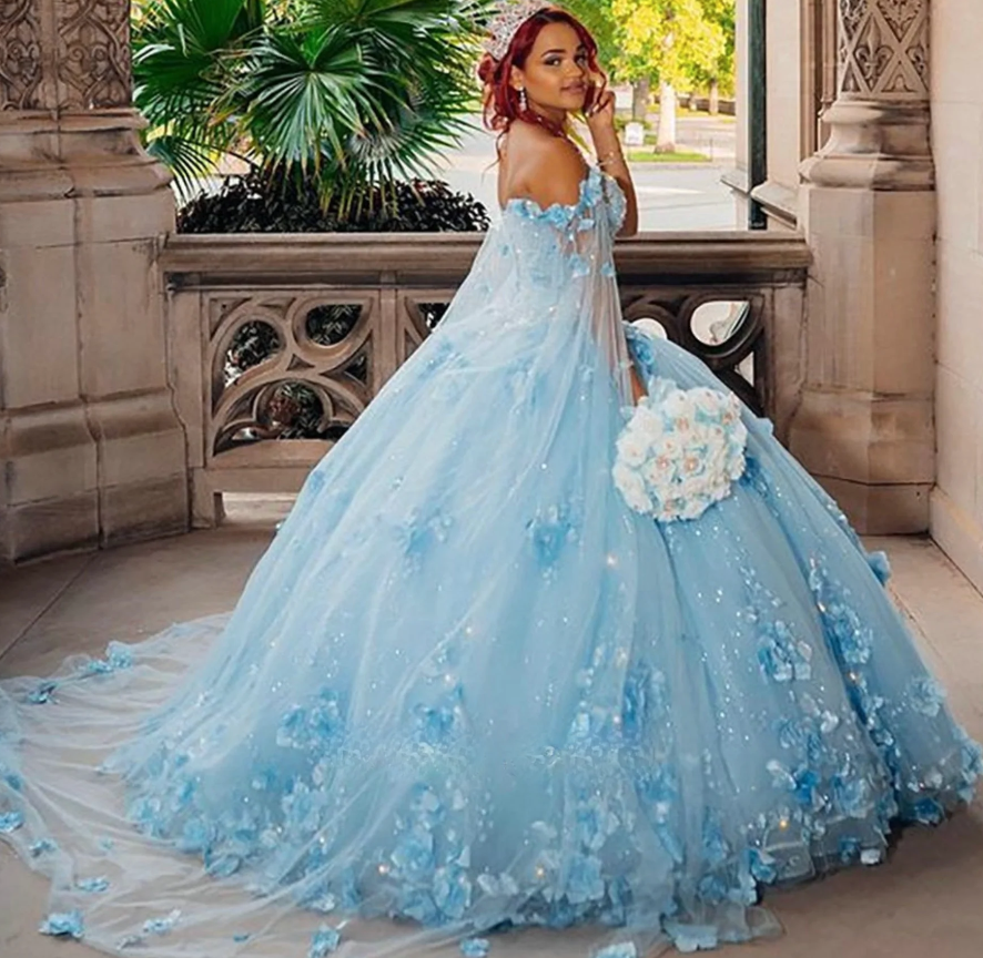 Handmade Flower Princess Ball Gown Quinceańera Dress With Cape Off The Shoulder Lace Vestido De 15 Anos Sweet 16 Dress - Fashionpara
