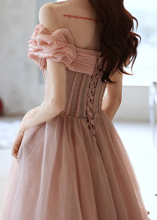 Handmade Retro Princess Off Shoulder Pink Prom Evening Dress - Fashionpara