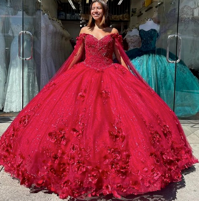 Handmade Flower Princess Ball Gown Quinceańera Dress With Cape Off The Shoulder Lace Vestido De 15 Anos Sweet 16 Dress - Fashionpara