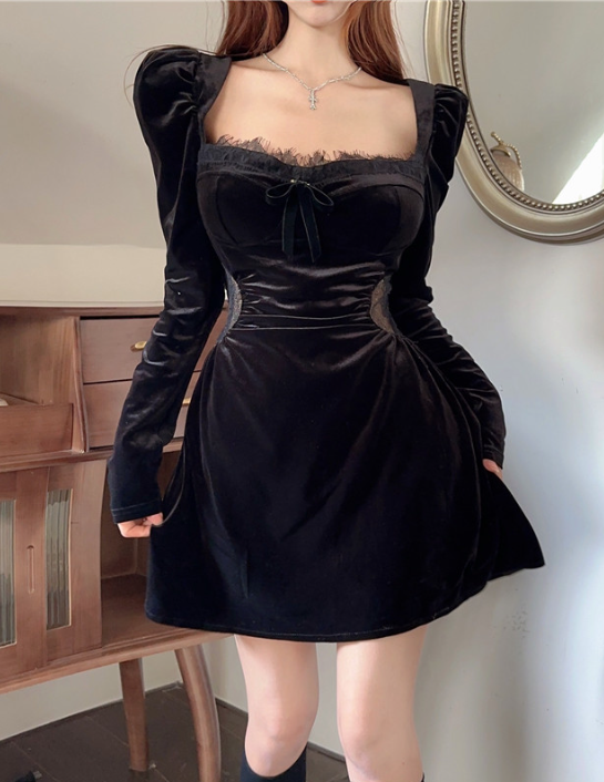 Velvet Square-Neck Puff-Sleeve Lace-Trim Ruched Mini Dress 2