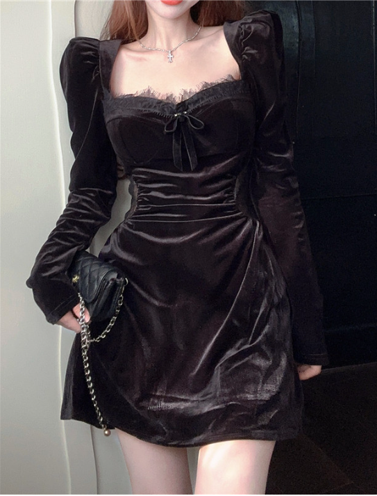 Velvet Square-Neck Puff-Sleeve Lace-Trim Ruched Mini Dress