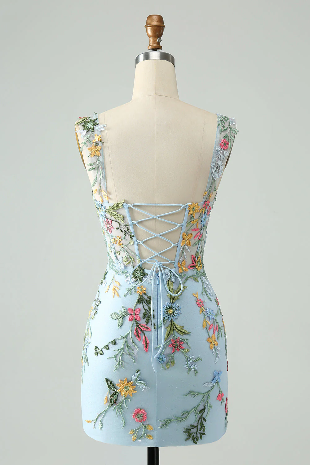 Blue Floral of the Shoulder Corset Short Homecoming Dress with Embroidery - Fashionpara