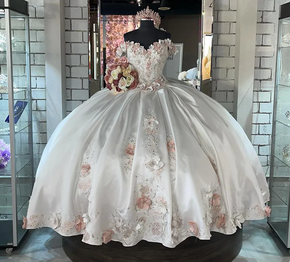 Quinceanera Dress Ball Gown 3D Flowers Appliques Lace Corset Sweet 15 16 Graduation vestidos de 15 anos - Fashionpara