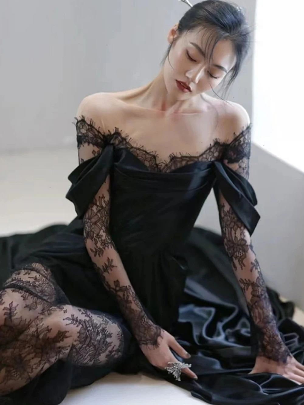 Charming Satin Lace Long Prom Dress Wedding Dress