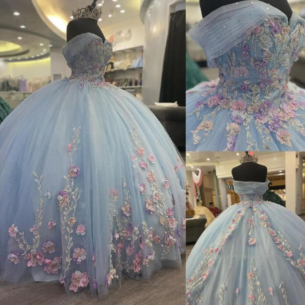 Light Blue Puffy Ball Gown Quinceanera Dresses Off Shoulder Flower Corset Sweet 16 Dress