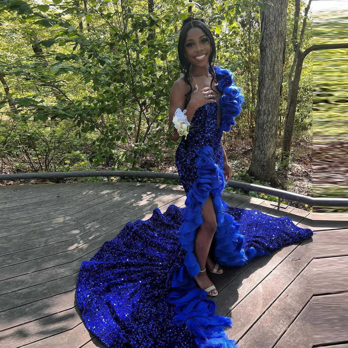 Blue Long Prom Dress Sequined Ruffles Side Split Sexy Evening Dress Graduation Party Gowns - Fashionpara