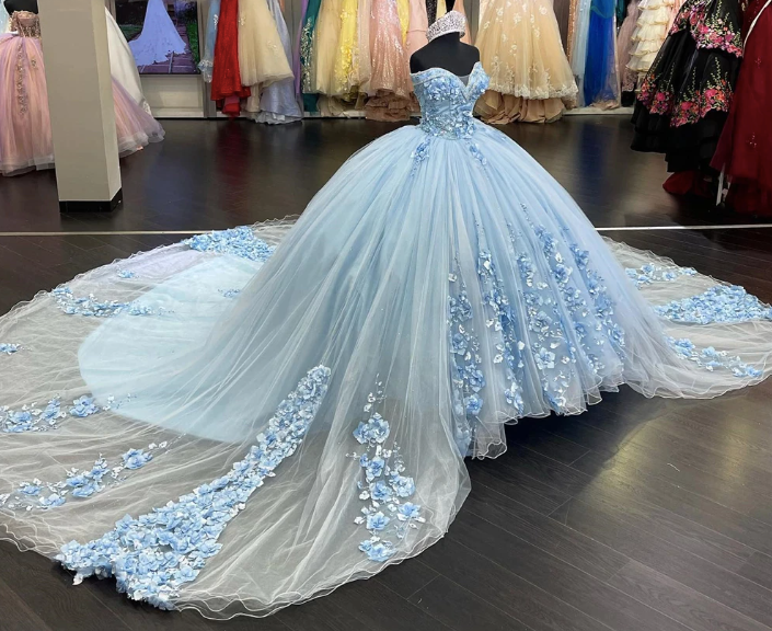 Baby Blue Long Quinceanera Dresses Ball Gown Birthday Party Dress Lace Up Graduation Gown Sweetheart Quinceanera De 15 Anos - Fashionpara