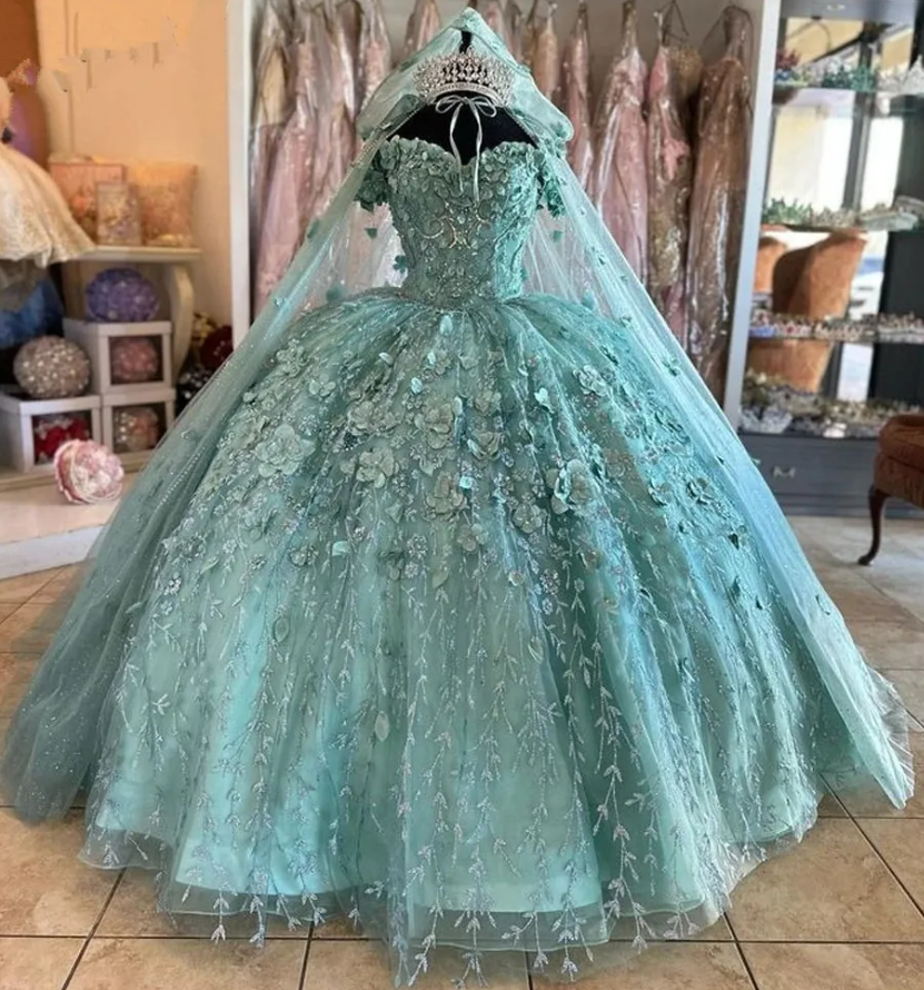 Mint Green Quinceanera Dresses with cape Floral Appliques Lace-up Back Corset prom Sweet 15 Girls Birthday Party dress - Fashionpara