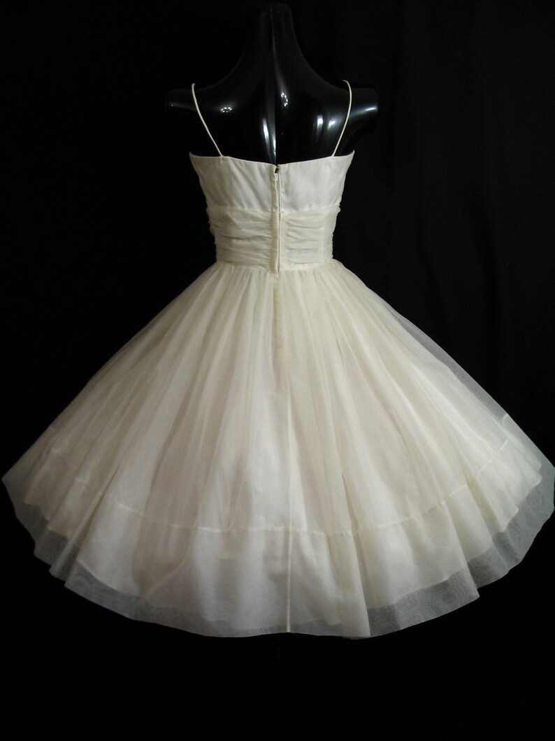 Vintage 1950's 50s White Ruched Chiffon Organza Party Prom Wedding Bridal Dress Gown