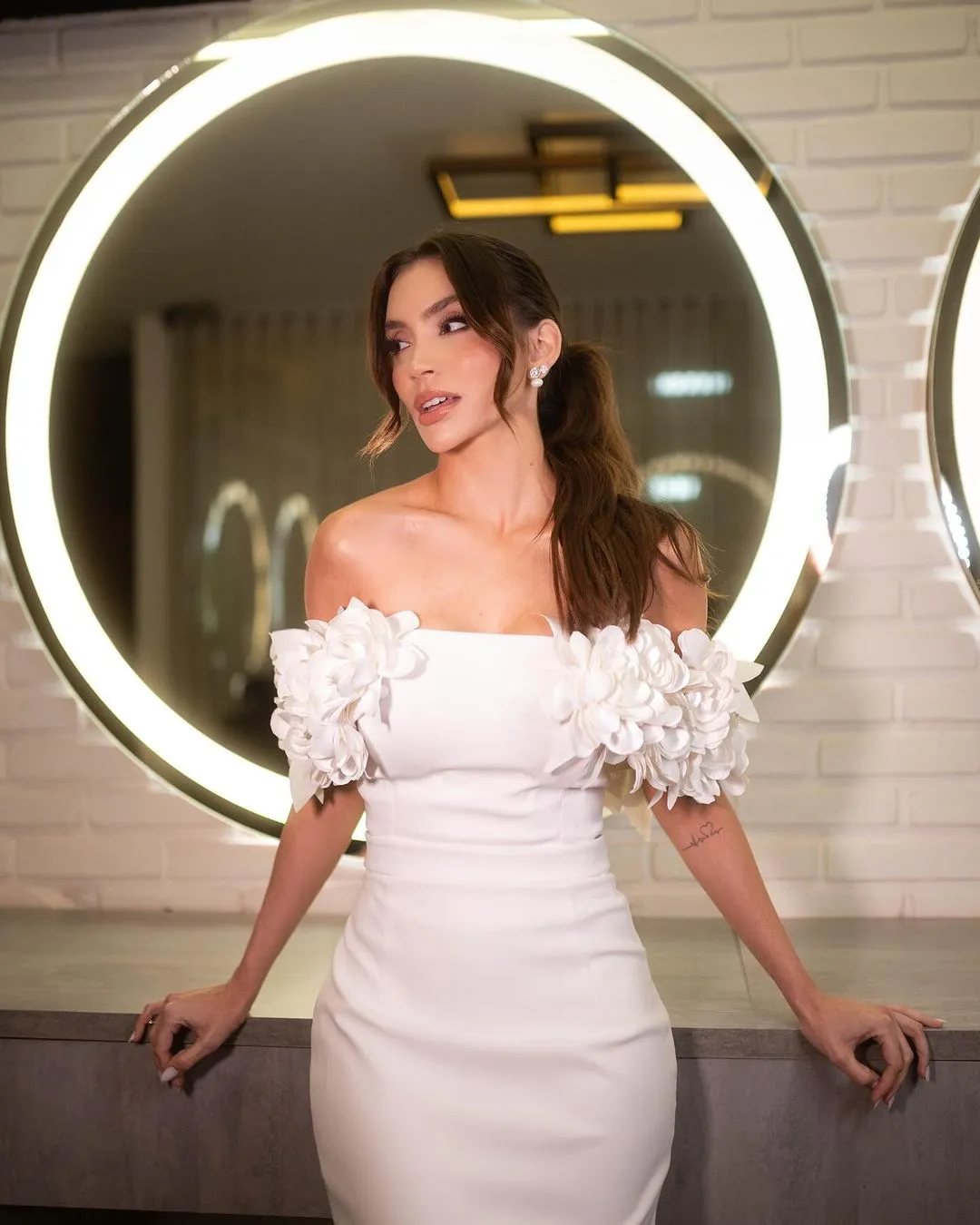 Flower Wedding Dresses Short Sheath Off Shoulder Split Tea Length Bridal Gown