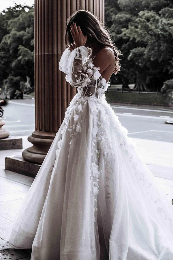 MODERN SWEETHEART SLEEVELESS WEDDING DRESS WHITE 3D FLORAL LACE BRIDAL GOWN